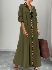 Elenzga 大码秋季休闲豹纹拼布长衬衫裙，适合圣诞节长款女装