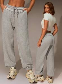SHEIN Forever 21 Calças Femininas, Calças Jogger Femininas, Calças Folgadas, Calças de Verão, Calças Casuais Femininas, Calças Denim Mãe, Calças de Moletom Cinza, Roupas de Descanso Femininas, Roupas de Descanso para Brunch Femininas - Cinza - Visão 1