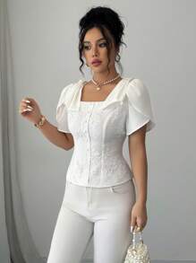 Elenzga Áo sơ mi tay ngắn thắt nơ trang trí họa tiết jacquard thanh lịch - trắng - Xem 6