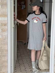 HELLO KITTY | DAZY 青少年女孩秋季服装合作款拼色针织短袖连衣裙，适合青少年女孩、夏季、返校服装 - 灰色 - 查看 4