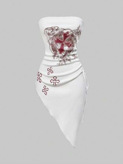 Grunge Punk Top tubo de mujer con diseño de pliegues y dobladillo asimétrico, adornado con rhinestones en forma de cruz, de estilo dark punk