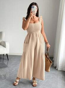 Flirla Plus Size Summer Elegant Solid Color Draped Ruffle Hem Jumpsuit - Khaki - View 1