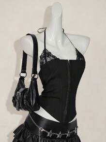 SHEIN ICON 1 Pc Women's Fitted Lace 2 In 1 Halter Camisole Goth Goth - Black - View 9