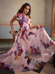 ZEYLAH Romantic Elegant One Shoulder Bowknot & Floral Print Waist Cinched Maxi Dress, Spring And Summer - Multicolor - View 2