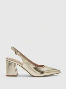 CUCCOO BIZCHIC Women's Fashion Gold Open Heel Pointed Toe Chunky Heel Pumps, Classic Minimalist For Commute, Date, Party, Holiday, Wedding For Christmas - Gold - View 2