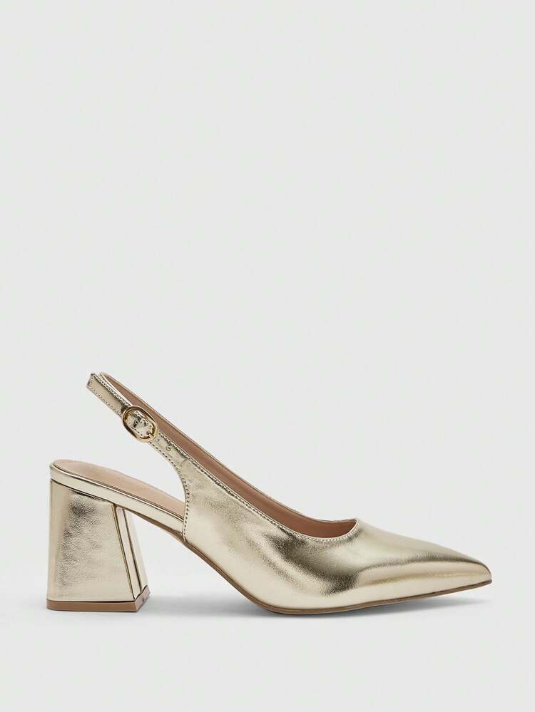 CUCCOO BIZCHIC Women's Fashion Gold Open Heel Pointed Toe Chunky Heel Pumps, Classic Minimalist For Commute, Date, Party, Holiday, Wedding For Christmas Spring Shoes