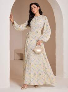 Veilorie 女式优雅花卉印花交叉系带侧灯笼袖连衣裙 - 彩色 - 查看 6