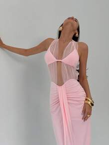 Aloruh Vestido maxi rosa de malla transparente y elegante con escote en V profundo y ajustado al Body, para mujer. Vestidos de verano, vestidos de graduación, vestidos de playa, vestidos de invitada de boda, atuendos de vacaciones para mujer - Rosa Pálido - Ver 8
