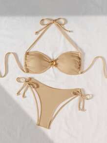 SHEIN Swim Textured Fabric Metal Buckle Bikini Set For Summer Beach Vacation - Brown - View 5