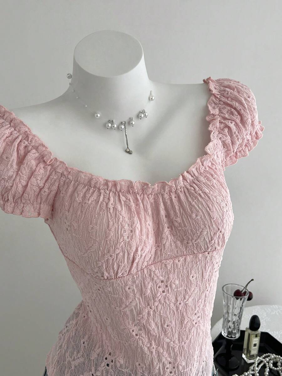 Elamini 纹理提花圆领泡泡袖收腰女式 T 恤，春夏