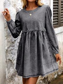 SHEIN Tall Tall Fashion Round Neck Frayed Hem Long Sleeve Washed Denim Dress