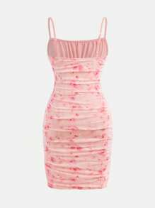 SHEIN Girlism 青少年女孩优雅花卉印花紧身吊带针织迷你连衣裙，休闲度假风格 - 粉色 - 查看 2