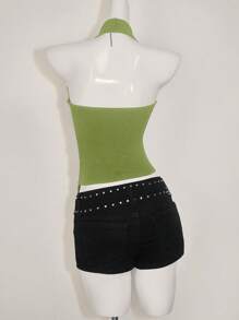 SHEIN ICON Women Asymmetric Hem Draping Neck Backless Halter Top - Green - View 9