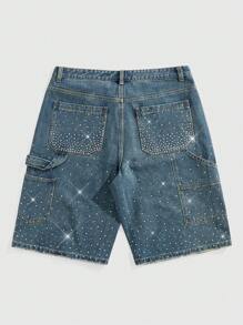 ROMWE MEN Street Life Men's Casual Washed Rhinestone Decorative Denim Shorts Jorts For Summer - Blue - View 2