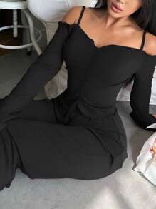 Snug Zone Black Knitted Cold Shoulder Lounge Set With Ruched Spaghetti Strap Top And Long Pants Lounge Set Cute Pj Set Women, Fall Winter Clothes, Cozy Outfit - Black - View 6