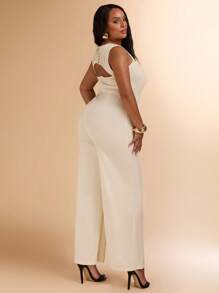 SHEIN BAE Plus Size Women Spring/Summer Solid Color Sleeveless Wide Leg Jumpsuit With Deep Square Neck, Vacation Wear - Apricot - View 2