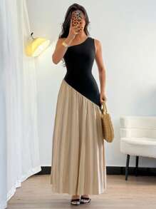 Chiquease 1 件女式无袖单肩褶饰设计连衣裙 - 黑色 - 查看 6