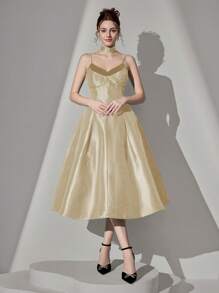 Poshira Spaghetti Strap A-Line Two Pieces Fake Collar Mini Dress, Party Dress, Prom Dress - Champagne - View 5
