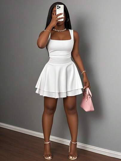 Slaydiva Vestido curto feminino básico casual de verão, decote quadrado, sem mangas, franzido e flare - D