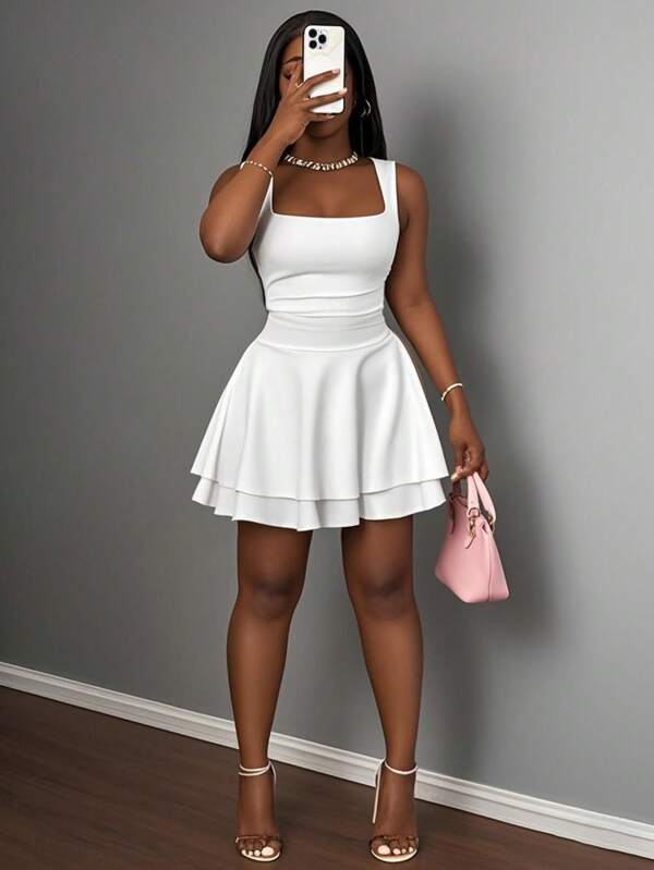 Slaydiva Vestido curto feminino básico casual de verão, decote quadrado, sem mangas, franzido e flare - D