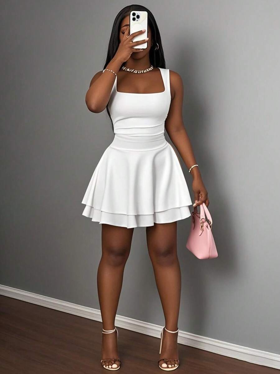 Slaydiva Women's Summer Basic Casual Sweet Square Neck Sleeveless Ruched Flared Short Dress - D,Business Casual Woman