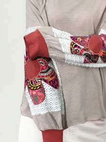 Bohemela T-shirt ample à col rond pour femmes, en maille de couleur unie, avec patchwork, manches lanternes et broderie florale