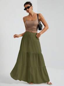 SHEIN Tall 白色梭织女式大下摆白色衬里半身裙，适合度假和外出 - 軍綠色 - 查看 6