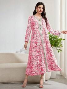 Al Najma Women Floral Print Patchwork Belted Long Sleeve Arabic Dress, Modest - Multicolor - View 4