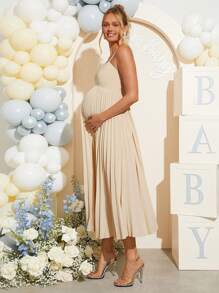 Loomaby 纯色孕妇无袖褶裥露背连衣裙 - 白色 - 查看 3