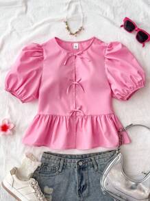 SHEIN 少女夏季粉色纯色编织休闲泡泡袖蝴蝶结衬衫，简约时尚，适合日常穿着，休闲日常穿着 - 玫紅色 - 查看 1