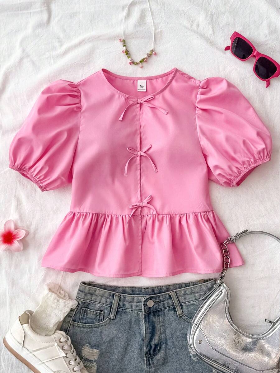 SHEIN 少女夏季粉色纯色编织休闲泡泡袖蝴蝶结衬衫，简约时尚，适合日常穿着，休闲日常穿着 - 玫紅色 - 查看 1