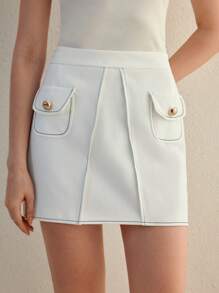 MOTF STUDIO CONTRAST STITCH POCKET PATCHED SKIRT - White - View 6