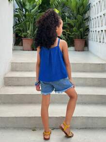 SHEIN 年轻女孩休闲/度假蓝色无袖纹理背心，适合度假、海滩 - 藍色 - 查看 3