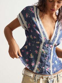 Bohemela 梭织V领短袖修身女式衬衫 - 藍色 - 查看 7