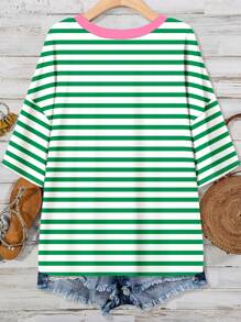EMERY ROSE Plus Size Casual Minimalist Contrast Color Stripe T-Shirt, Suitable For Summer,Spring/Vacation - Green - View 2
