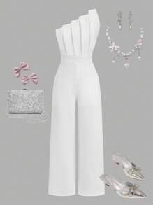 Mono asimétrico elegante de un solo hombro blanco para niñas preadolescentes