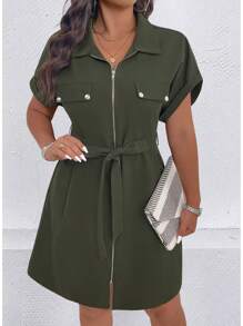 SHEIN LUNE Plus Size Women's Zipper Rivet Decorated Splice Wind Short Sleeve Shirt Dress - Green - View 5