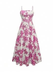 Franclia 加大码纯色开衫和全身印花背带吊带裙套装 - 玫紅色 - 查看 4