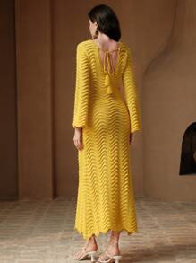 Anewsta Solid Color Sexy Knitted Hollow Wave Flare Sleeve Beach Dress For Summer Beach Vacation - Yellow - View 2