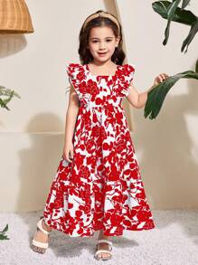 SHEIN 年轻女孩编织碎花方领、荷叶边、蝴蝶结贴花和镂空背部设计连衣裙