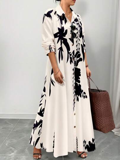 Elenzga 大码女式休闲花卉印花宽松衬衫裙，春秋季长款女装