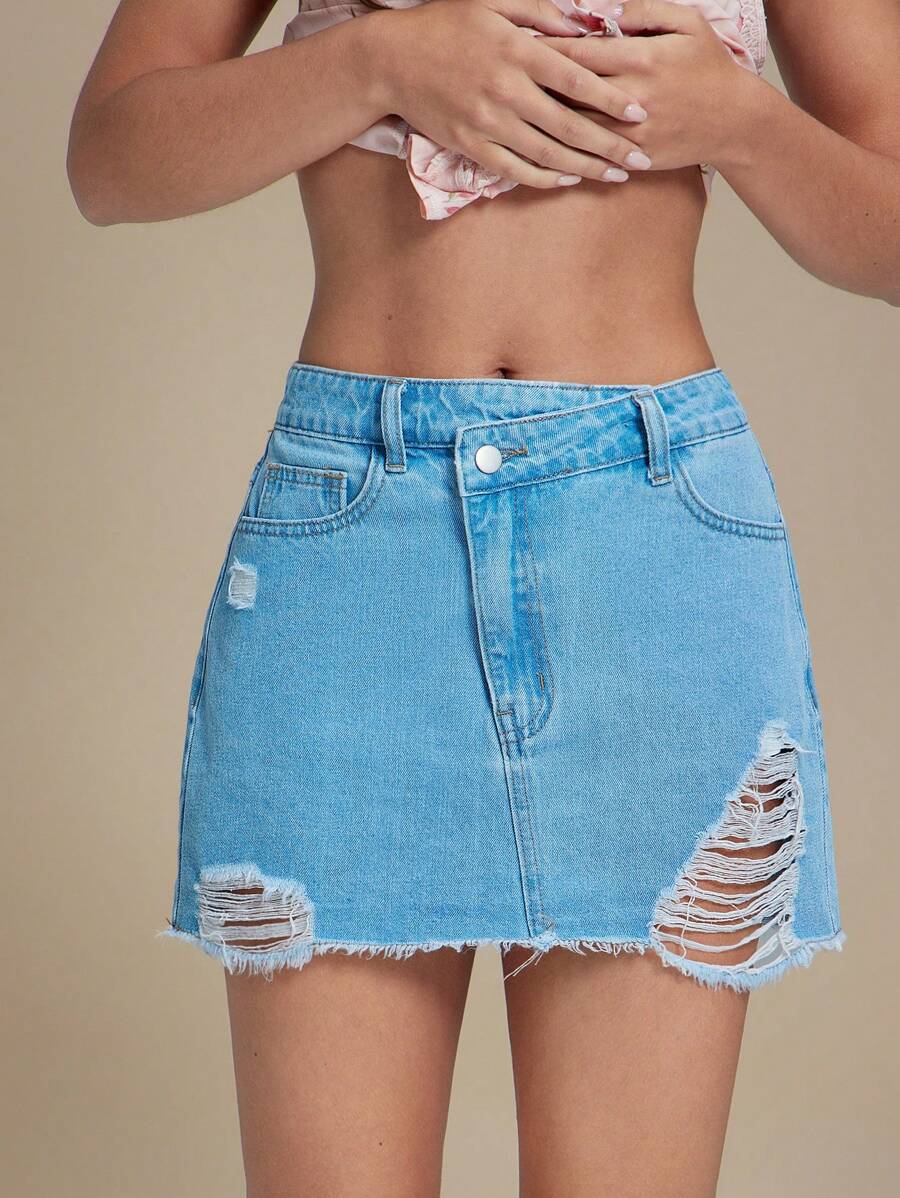 WESTFADE Mini jupe en jean déchirée avec taille croisée, pour festival, Nashville, été, cowgirl, rodéo - Jean clair - Voir 1