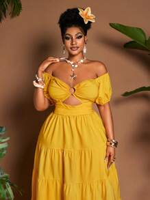 Maweii Vestido de hombros descubiertos de unicolor, tamaño grande, de moda para el verano - Amarillo - Ver 6