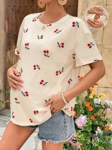 SHEIN T-shirt d'été de maternité décontracté à col rond et épaules tombantes avec imprimé cerises