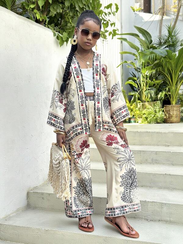 SHEIN 2 Stücke/Set Tween-Mädchen Urlaubs Kimono Strickjacke und Weite Hose Set