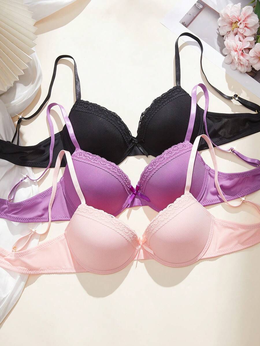 3 PiecesWomen's Simple Casual Gathering Bra Sets - Multicolor - View 1