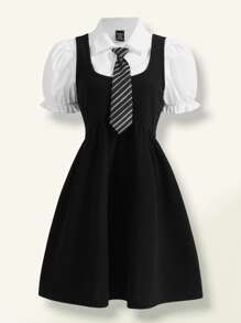 SHEIN Teen Girls Puff Sleeve Blouse & Overall Dress