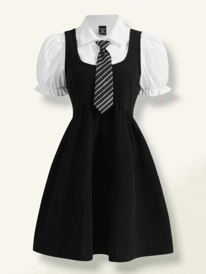 SHEIN Teen Girls Puff Sleeve Blouse & Overall Dress