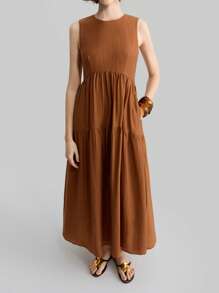 Ontre 女款四季棕色无袖简约节日连衣裙女长裙口袋简约时尚休闲日常连衣裙收腰连衣裙教师装 - 棕色 - 查看 3