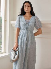 Dazy-Less Đầm voan dài kẻ caro cổ chữ V phối lưới thắt nơ eo thắt đai cho nữ ngày lễ thanh lịch, đầm dự tiệc cưới công sở thường ngày cho nữ - Màu xanh nhạt - Xem 3